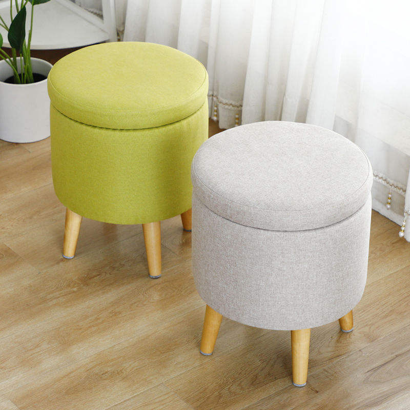 Customized modern living room furniture faux linen storage stool with wooden feet