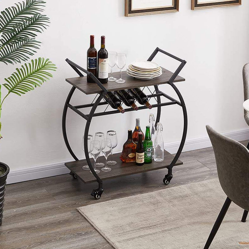 Modern Industrial Mobile Serving Cart Wood Metal Portable Bar Cart 2 Tier Rolling Kitchen Storage Cart