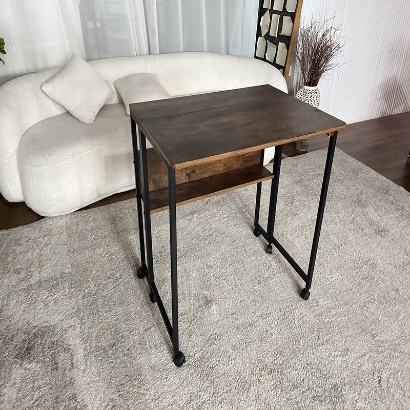 Rolling Industrial Desk with Rustic Wood and Storage Shelf (4)