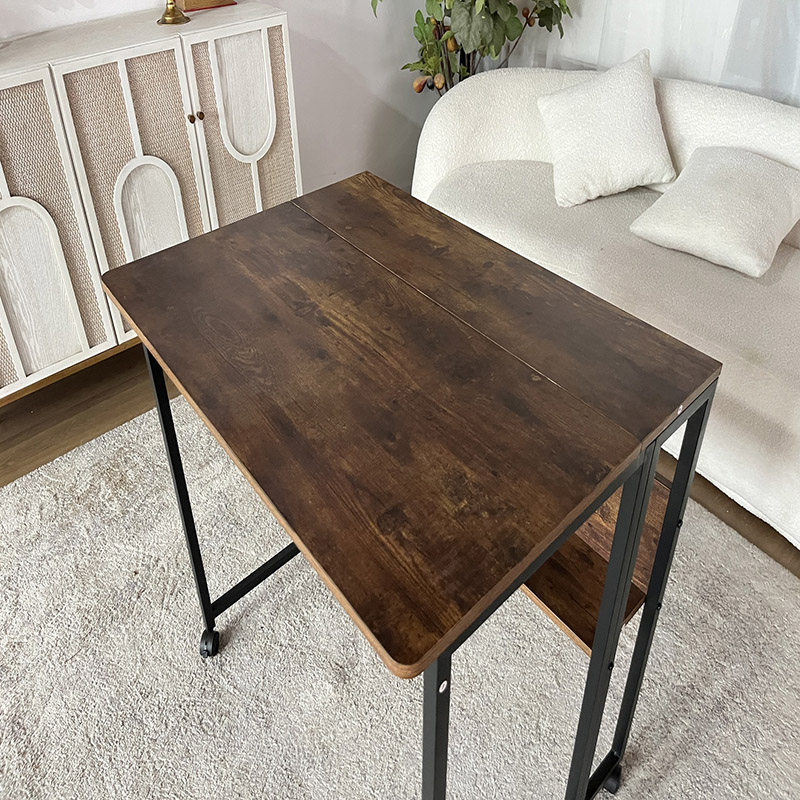Rolling Industrial Desk with Rustic Wood and Storage Shelf (5)