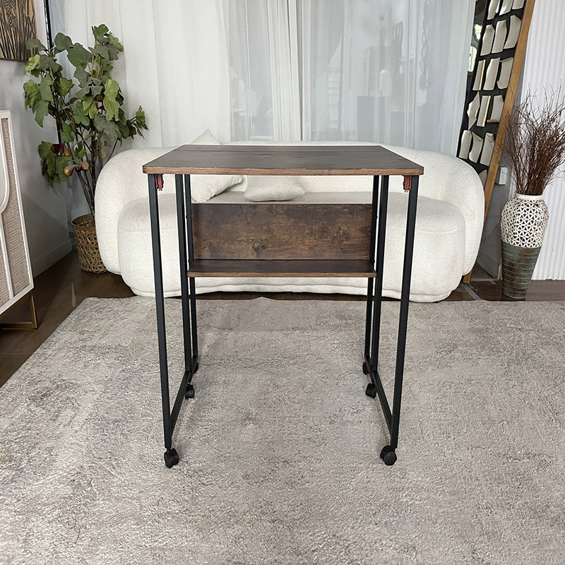Rolling Industrial Desk with Rustic Wood and Storage Shelf (7)