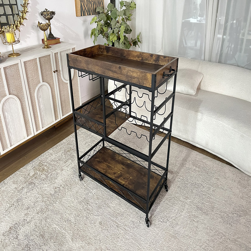 Rolling Rustic Kitchen Cart with Wine Rack and Storage Shelves (2)