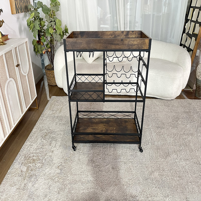 Rolling Rustic Kitchen Cart with Wine Rack and Storage Shelves (3)