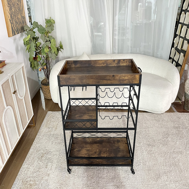 Rolling Rustic Kitchen Cart with Wine Rack and Storage Shelves (4)