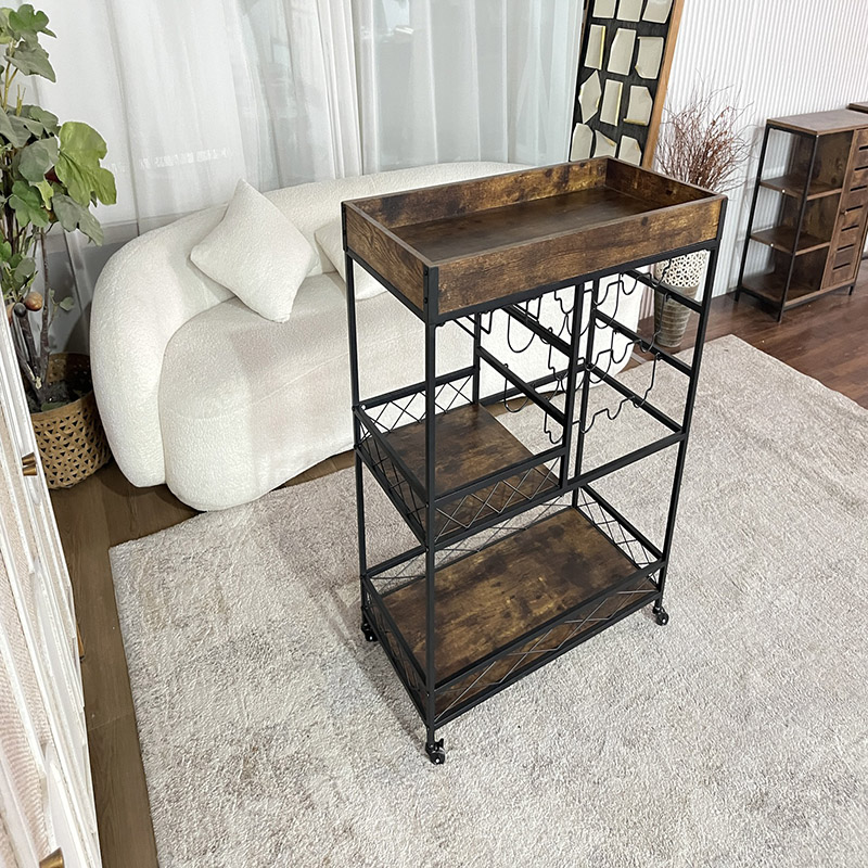 Rolling Rustic Kitchen Cart with Wine Rack and Storage Shelves (5)