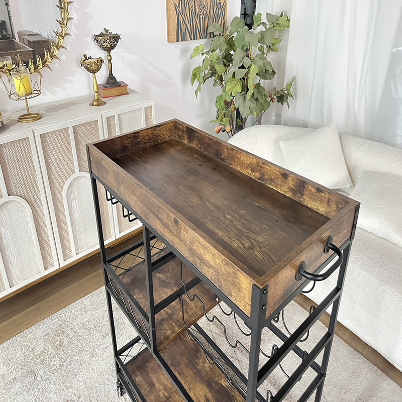 Rolling Rustic Kitchen Cart with Wine Rack and Storage Shelves