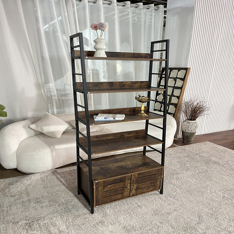 Rustic Industrial Bookshelf with Cabinet and Open Storage (3)