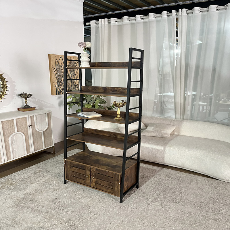 Rustic Industrial Bookshelf with Cabinet and Open Storage (4)