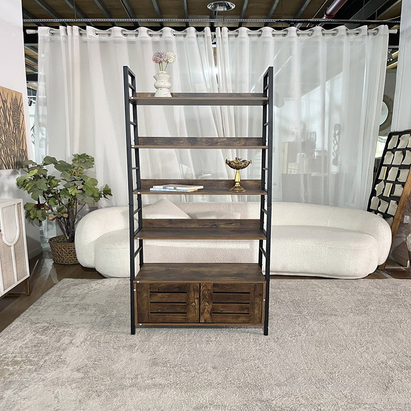 Rustic Industrial Bookshelf with Cabinet and Open Storage (5)