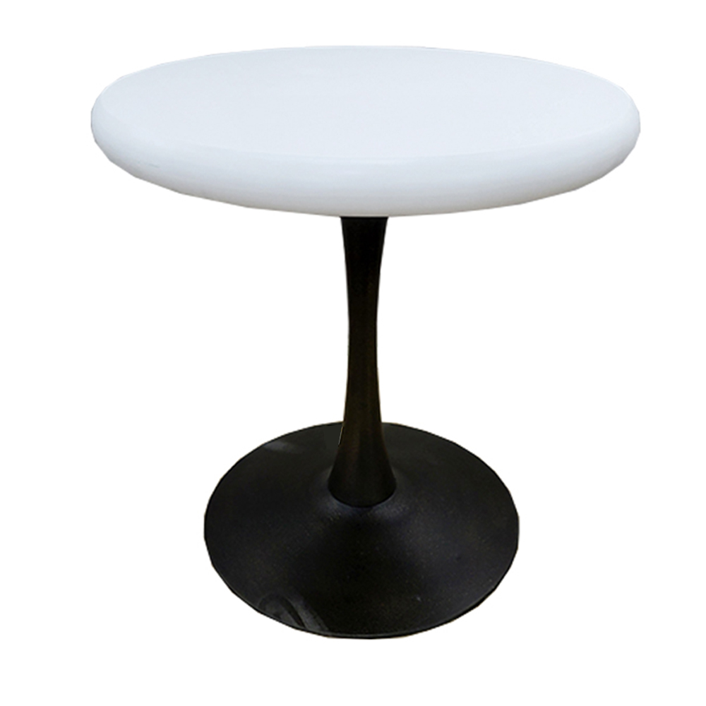 White round tulip coffee table with black pedestal base
