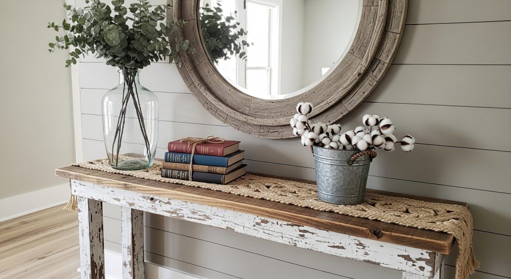 DIY Farmhouse Console Decor Using Reclaimed Wood and Natural Accents
