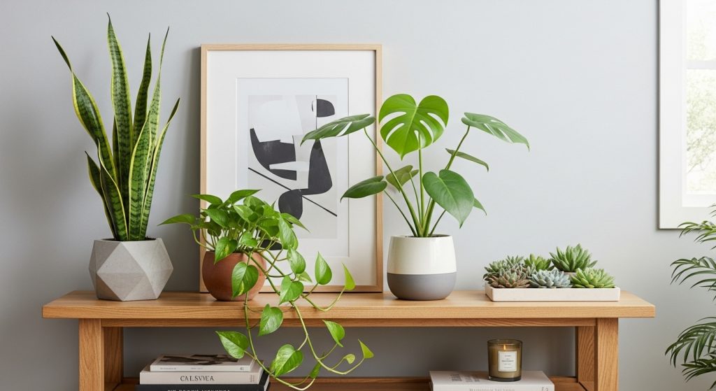 Decorating a Wooden Console Table with Indoor Plants and Greenery