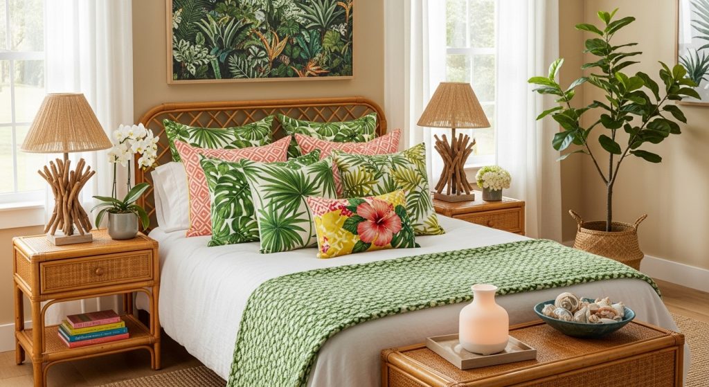 Tropical Bedroom Design Ideas Featuring Rattan Nightstands
